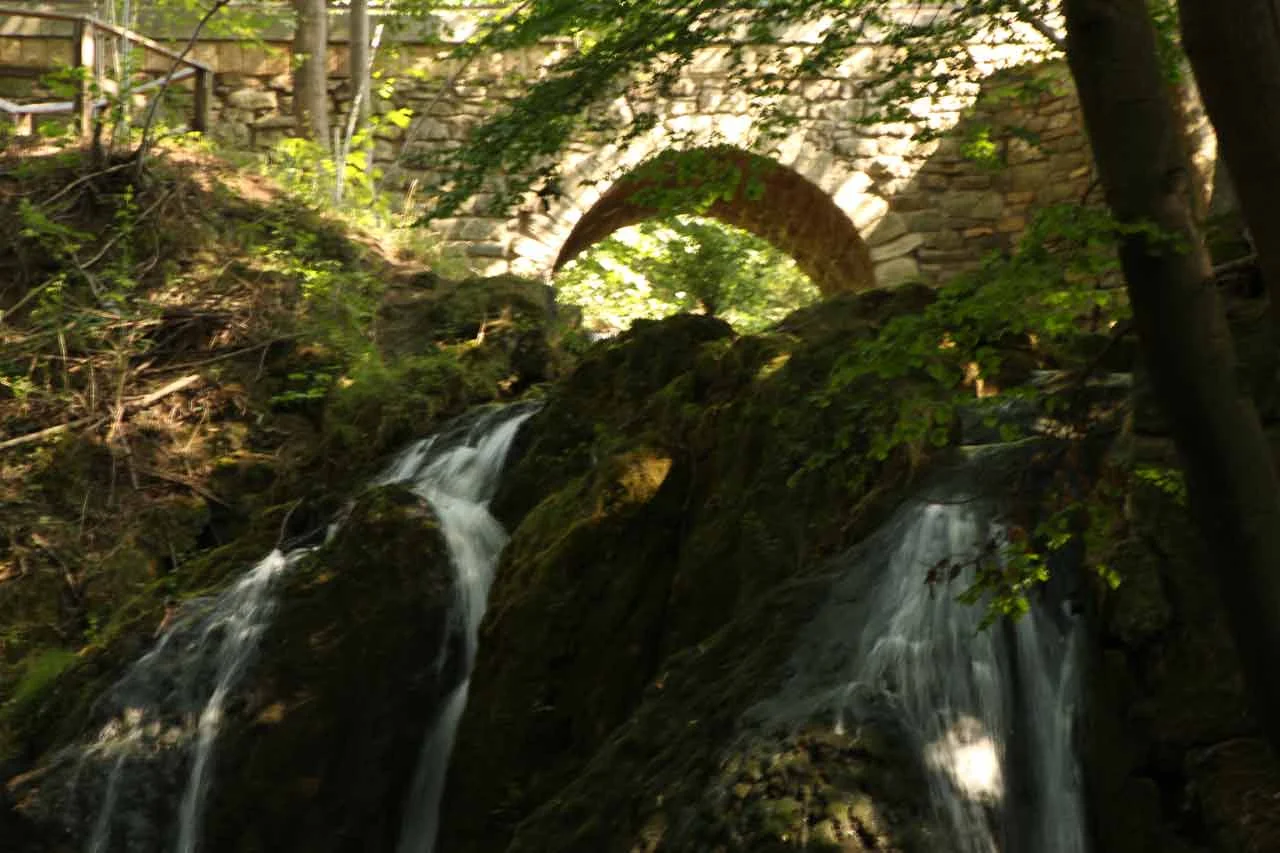 Wasserfall bei Großbartloff unter einer alten Steinbrücke im Wald