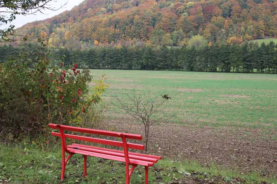 Rote Bank am Weg mit Aussicht auf Wiesen und bewaldete Hügel im Eichsfeld